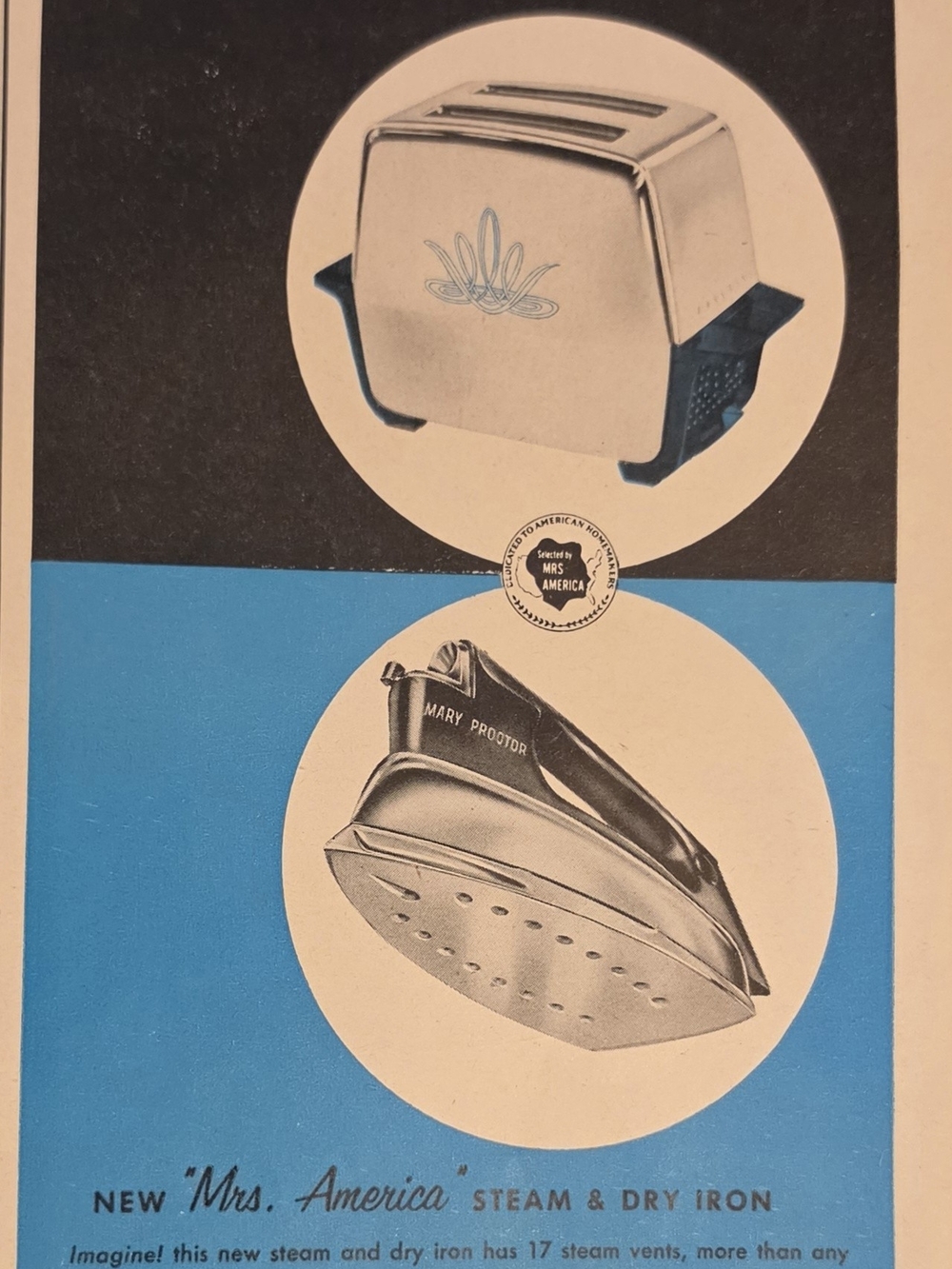 Mrs. America Steam & Dry Iron Poster - Blue and Black Home Art